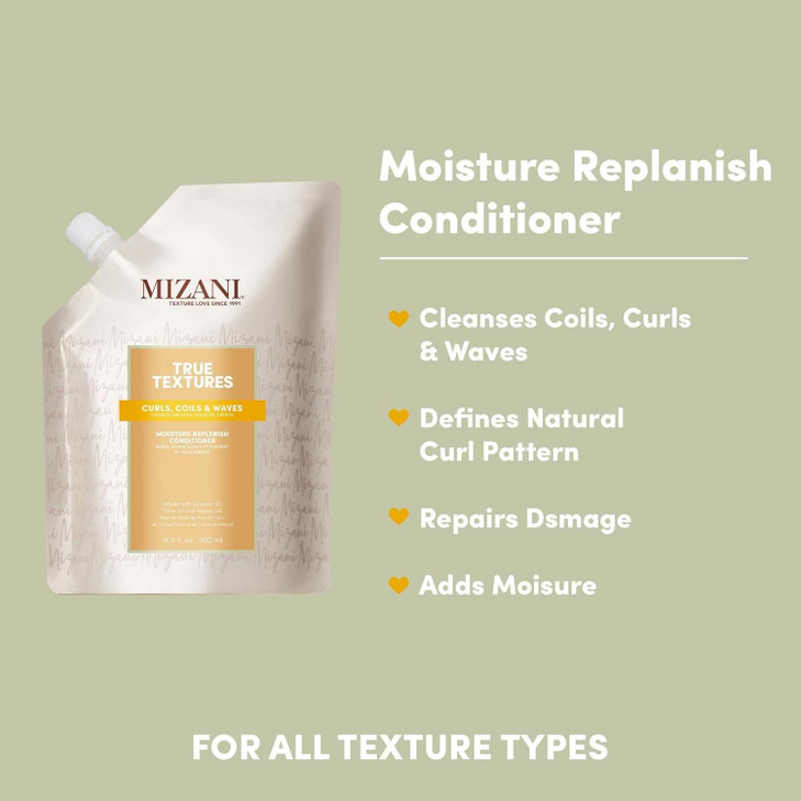 Mizani True Textures Moisture Replenish Conditioner - Deep Conditioner for Curly Hair with Coconut Oil & Olive Oil, Anti Frizz, Silicone-Free, Parabe