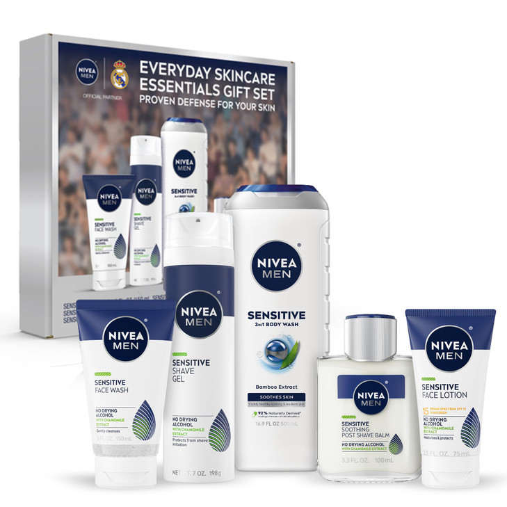 NIVEA MEN Sensitive Skin Care Set for Men, Face Wash, 5 Fl Oz + Body Wash, 16.9 Fl Oz + Shave Gel, 7 Oz + Soothing Post Shave Balm, 3.3 Fl Oz + Face