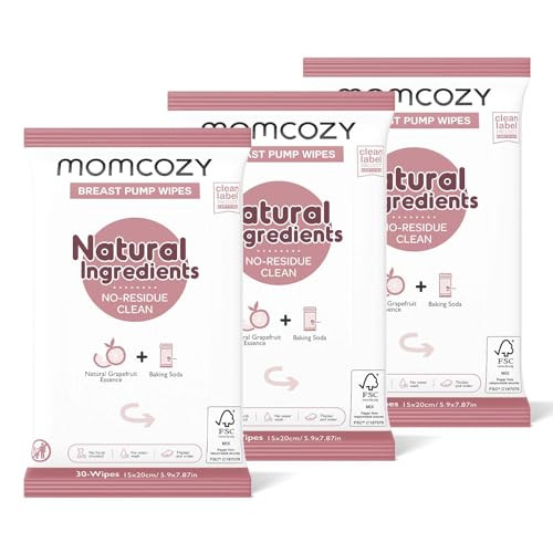 Momcozy Natural Breast Pump Wipes for Pump Parts Cleaning On-the-go, 30 Count (Pack of 3), Flash Clean & Resealable Pump Wipes