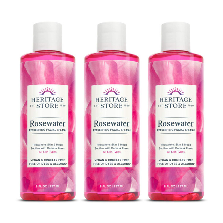 Heritage Store Rosewater, Refreshing Facial Splash for Glowing Skin, with Damask Rose, All Skin Types, Rose Water for Face Made Without Dyes or Alcoh