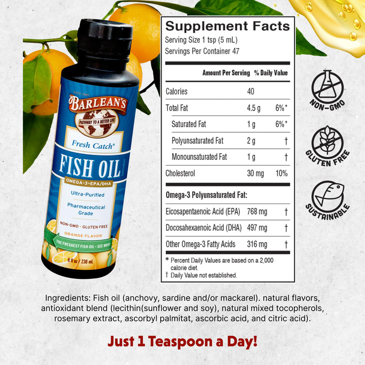 Barlean's Omega 3 Fish Oil Liquid Supplement, 1262mg EPA and DHA Fatty Acids, Non-GMO and Gluten Free, Orange Flavor, 8 oz
