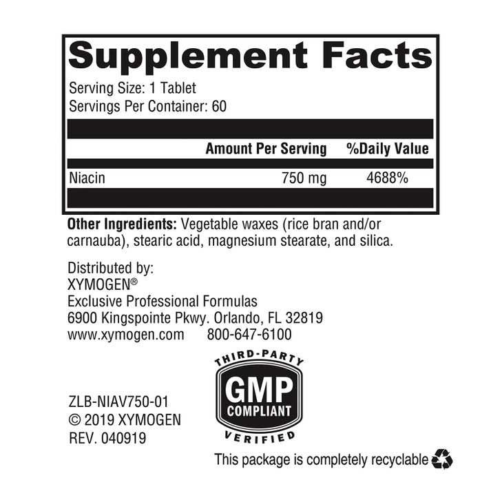XYMOGEN NiaVasc 750 - Sustained-Release Niacin for a Lesser Flushing Effect - Supports The Maintenance of Healthy Blood Lipids (60 Time-Release Table