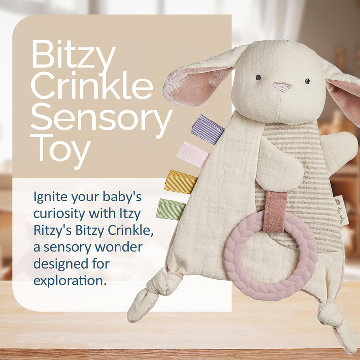 Itzy Ritzy - Bitzy Crinkle Sensory Toy Bunny with Crinkle Sound for Babies & Toddlers - Features Soft Braided Teething Ring & Textured Ribbons, Desig