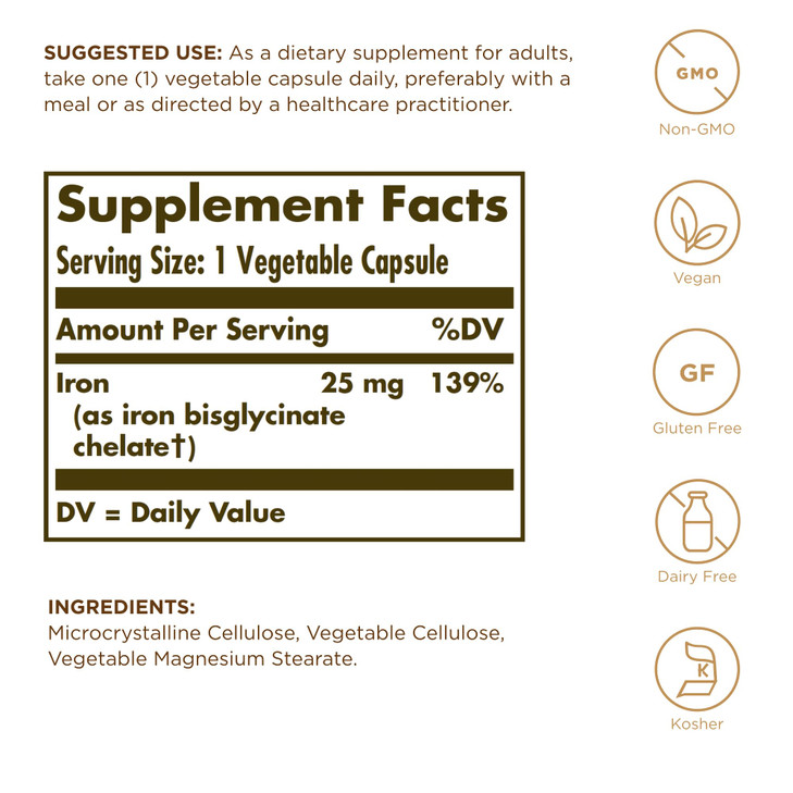 Solgar - Gentle Iron 25 mg Vegetable Capsules 180 Count 2 Pack Easy on Stomach, Promote Red Blood Cell Production.