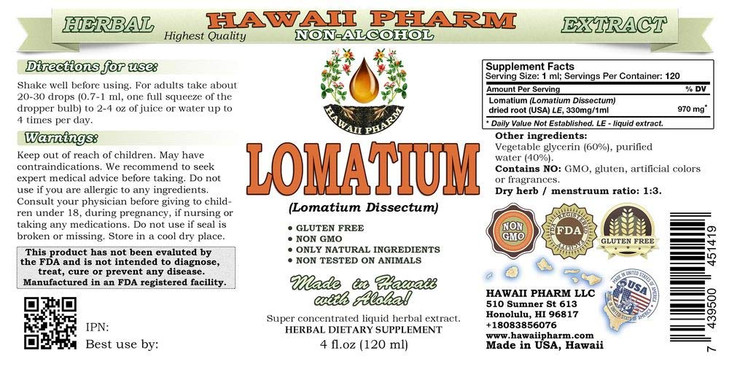 Lomatium Alcohol-Free Liquid Extract, Lomatium (Lomatium Dissectum) Dried Root Glycerite Hawaii Pharm Natural Herbal Supplement 4 oz