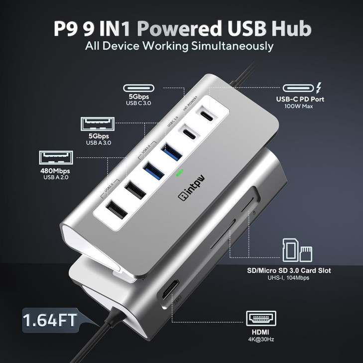 P9 USB C Hub, intpw 9-in-1 USB C Hub Multiport Adapter with 4K HDMI, PD 100W, Type-C & 2 USB A 3.0 5Gbps, 2 USB A 2.0, SD/TF Card Reader, Aluminum US