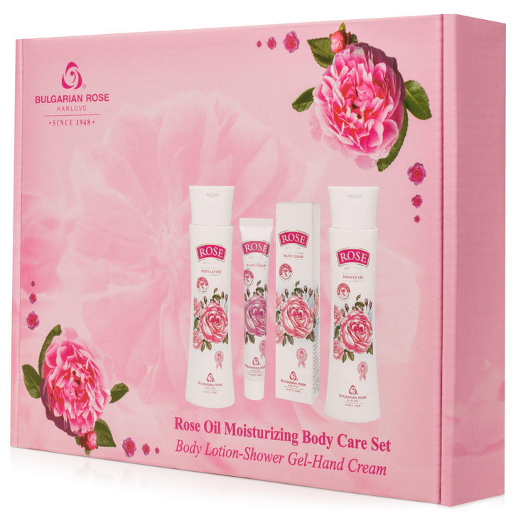 Bulgarian Rose Oil Moisturizing Body Care 3 Piece Gift Set - Natural Rose Body Lotion for Soft and Smooth Skin, Moisturizing Shower Gel and Hand Crea