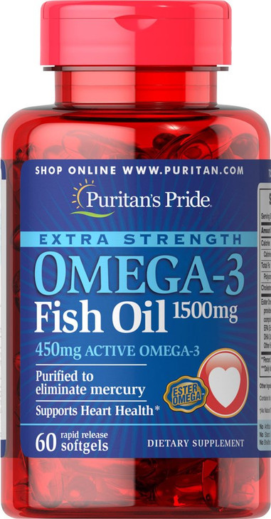 Puritans Pride Extra Strength Omega-3 Fish Oil 1500 Mg 450 Mg Active Omega-3 Softgels, 60 Count