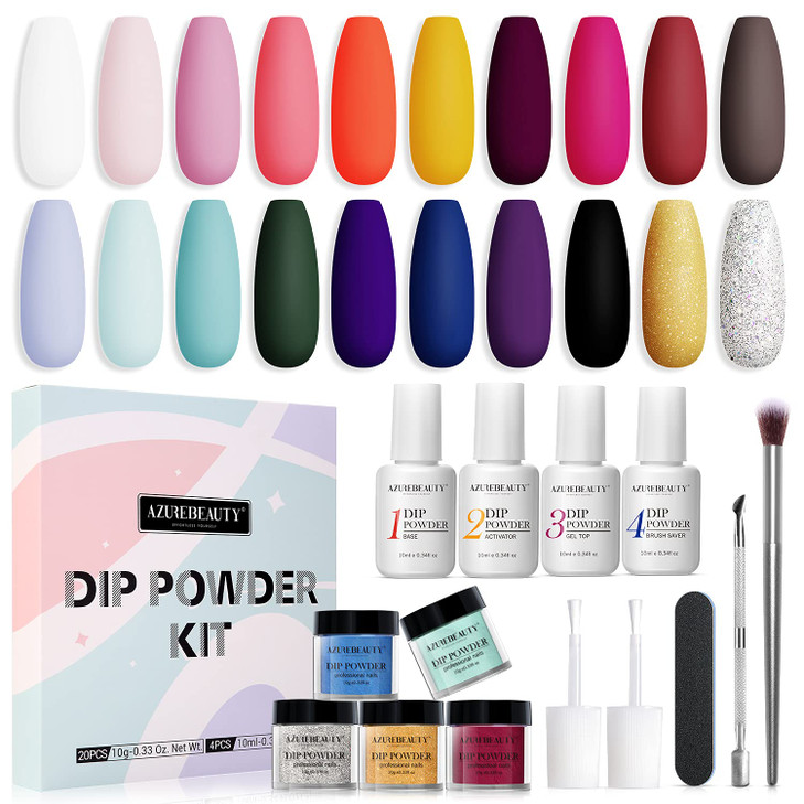 20 Colors Dip Powder Nail Kit Starter, AZUREBEAUTY Acrylic Dipping Powder System Essential Liquid Set with Top/Base Coat Activator Brush Saver for Fr