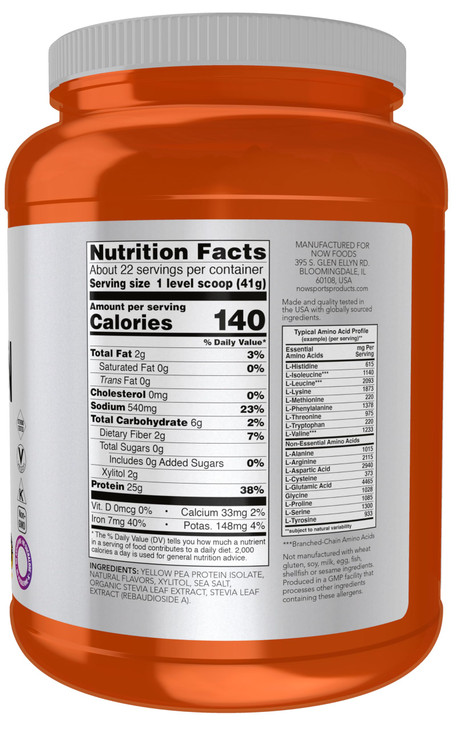 NOW Foods Sports Nutrition, Pea Protein 25 g With BCAAs, Easily Digested, Vanilla Toffee Powder, 2-Pound