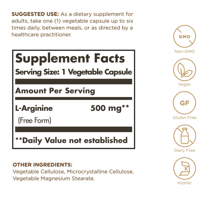 Solgar L-Arginine 500 mg - 250 Vegetable Capsules - Nitric Oxide Stimulator - Non-GMO, Vegan, Gluten Free, Dairy Free, Kosher - 250 Servings