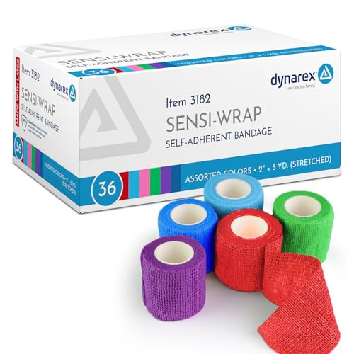 Dynarex Sensi-Wrap Self-Adhesive Bandages, 36-Pack, 2" x 5 Yards, Assorted Colors, Latex, Colored Elastic Cohesive Athletic Tape, Tattoo Grip & Vet W