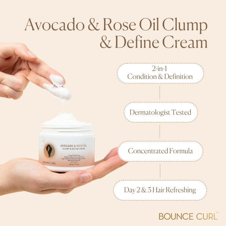 Bounce Curl Avocado & Rose Oil Clump and Define Cream, Enhance and Define Wavy, Curly, and Coily Hair, 6 oz