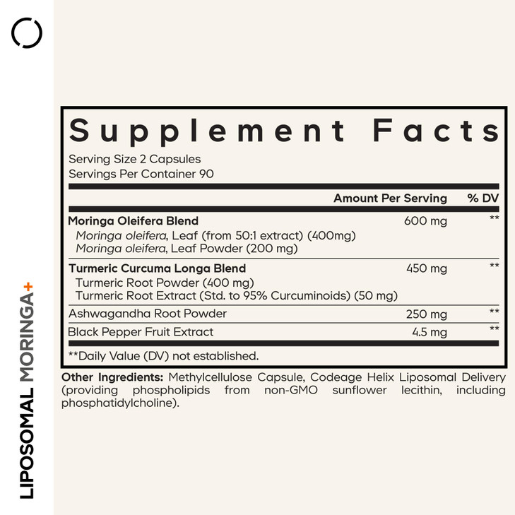 Codeage Liposomal Moringa+ Supplement, 400mg Moringa 50:1 Extract - Turmeric, Ashwagandha, Black Pepper, 3-Month Supply, Vegan Moringa Powder - 180 C