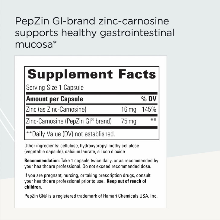 Integrative Therapeutics Zinc-Carnosine - Digestive & Gut Health Support* - GI Tract Supplement - Vegan, Gluten-Free & Dairy-Free - 60 Capsules (60 S
