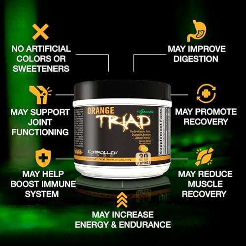 CONTROLLED LABS Orange Triad Plus Greens for Men and Women, 30 Servings Iron Free Sports Supplement for Overall Health, Multivitamin, Digestion, Immu