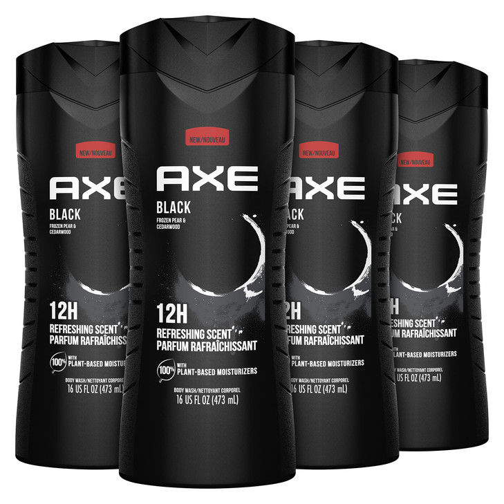 AXE Body Wash Black 4 Count 12h Refreshing Scent Cleanser Frozen Pear & Cedarwood Men's Body Wash with 100% Plant-Based Moisturizers 16 oz