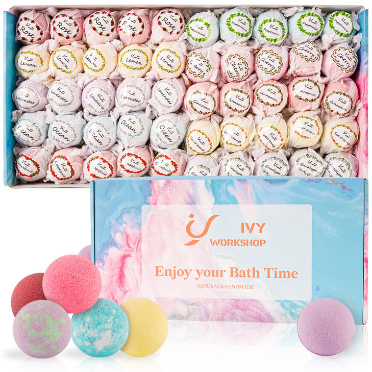 Bath Bombs for Women Gift Set, 50 Pcs Natural Organic Bubble Bathbombs with 10 Rich Scents, Handmade Bubble Bath Fizzy, for Bubble Bath Spa,Her/Him,W