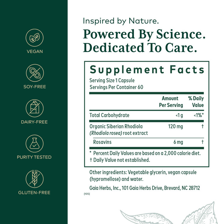 GAIA HERBS PRO Rhodiola - Energy Support Supplement - Adaptogen Support Supplement with Rhodiola Root Extract - Vegan Gluten-Free Soy-Free - 60 Phyto