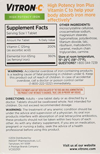 VITRON-C High Potency Iron Plus Vitamin C Tablets - 60 Ea - 3 pack