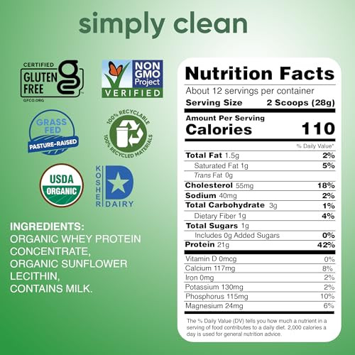 simply tera's Organic Whey Protein Powder - Grass Fed Whey Protein Powder Without Artificial Sweeteners, Unflavored, Non-GMO, Kosher, Gluten-Free - P