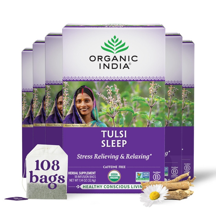 ORGANIC INDIA Tulsi Sleep Herbal Tea - Holy Basil, Ashwagandha, Chamomile, Night Time Tea for Bedtime, Stress Relieving & Relaxing, Immune Support, U