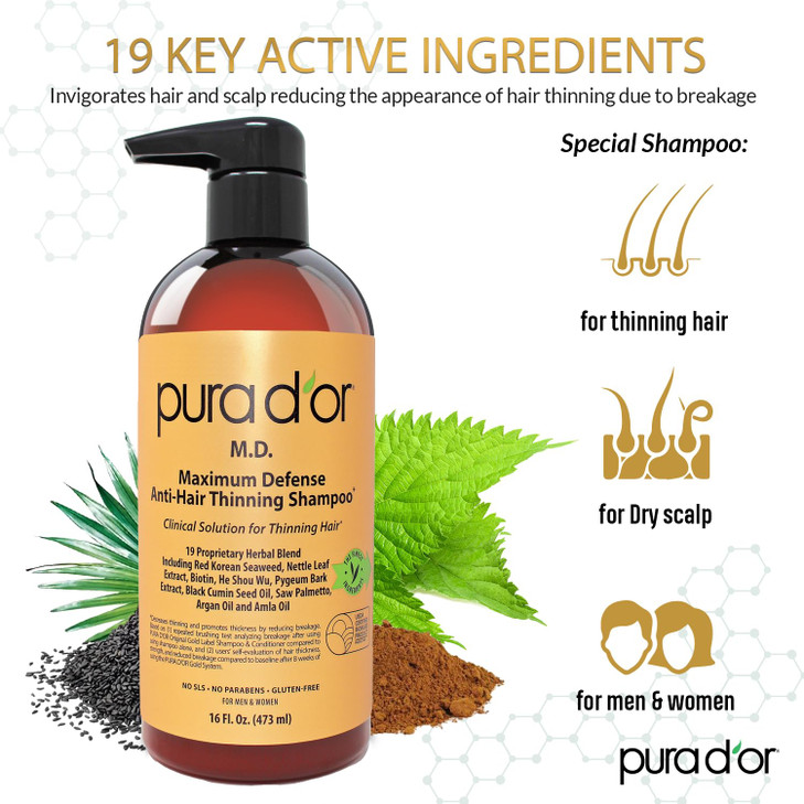 PURA D'OR 16 Oz MD Anti-Hair Thinning Maximum Defense Shampoo - 0.5% Coal Tar, Biotin, Proprietary Herbal Blend For Dry & Itchy Scalp, No Sulfates -