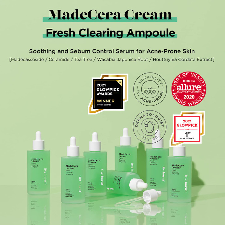 SKINRxLAB Made Cera Cream Fresh Clearing Ampoule Serum 100ml (3.38 fl.oz.) - Pore Minimizing and Cooling Serum for Acne-Prone Skin, Calming and Hydra