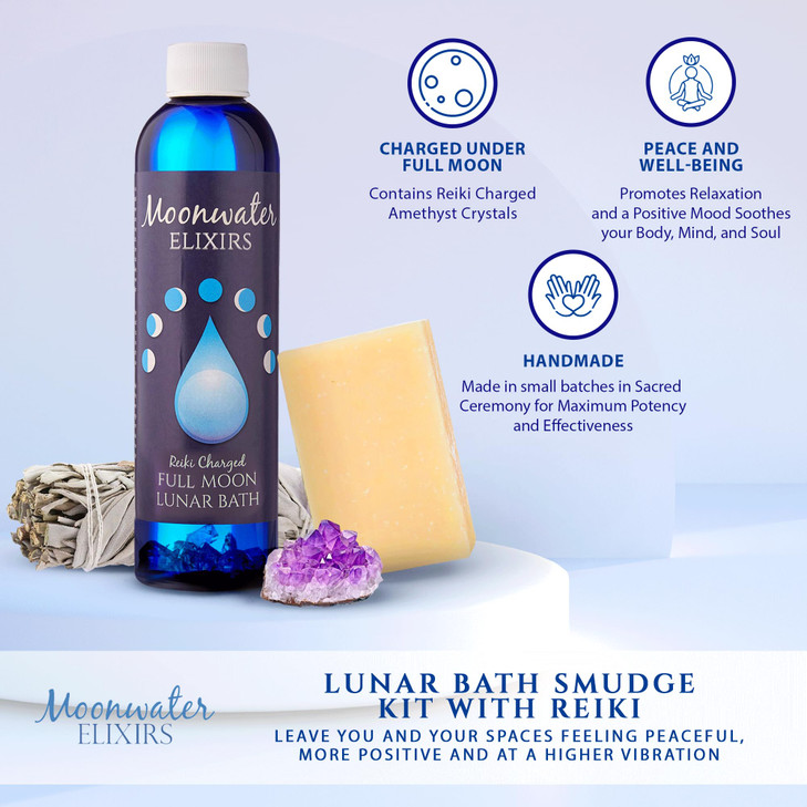 Full Moon Spiritual Bath Kit with Bath Oil, Sage Smudge Stick & Smudge Soap - Cleanse, Clarify & Recharge Your Energy, Aura Cleansing, Chakra Healing