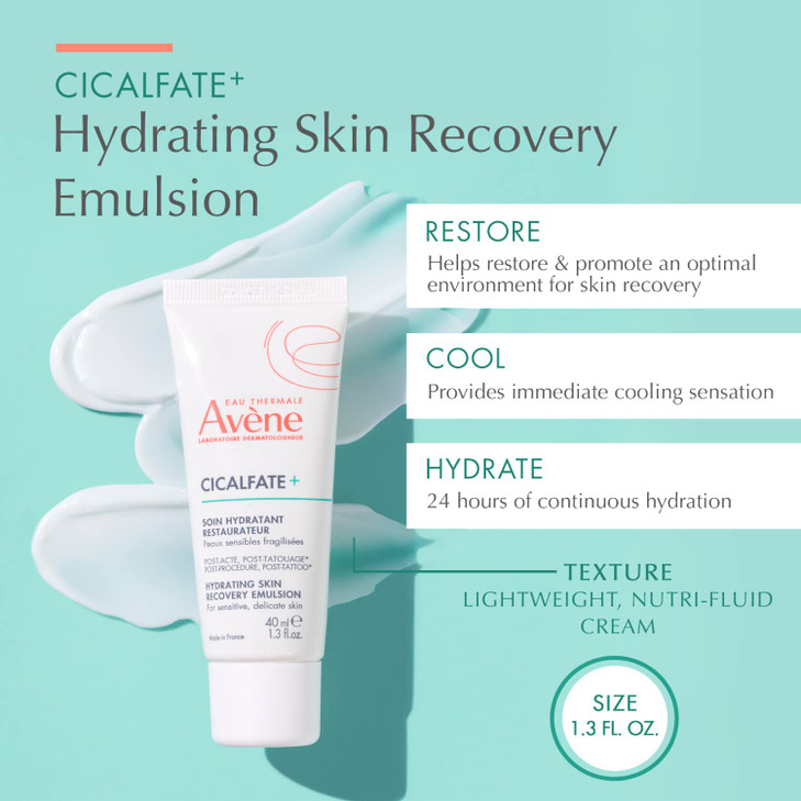 Avène Cicalfate+ Hydrating Skin Recovery Emulsion for post-procedure & post-tattoo, helps restore skin barrier, 24hr hydration, 1.3 Fl Oz