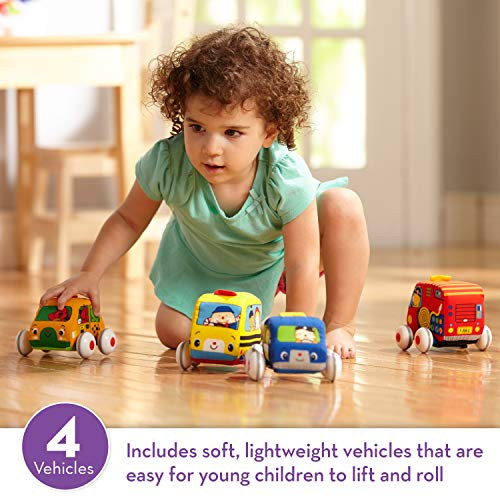 Melissa & Doug K's Kids Pull-Back Town Vehicle Set - Baby Toys Set with 4 Soft Toy Cars and Trucks, Surface Washable with Removable Wheels, Learning