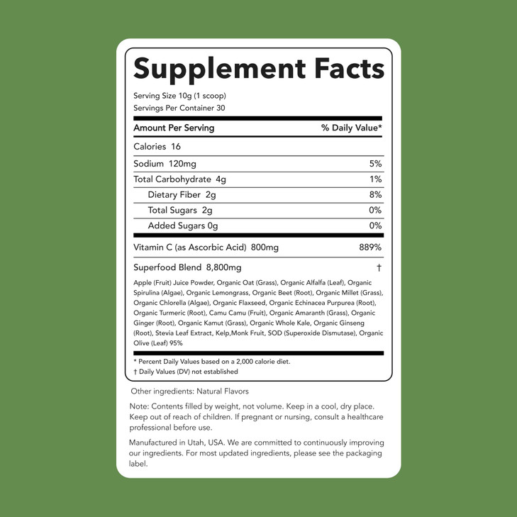 Clean Simple Eats Super Greens Powder, Naturally Flavored Greens Powder with Chlorella, Spirulina, Superfoods & Prebiotic Fiber, No Artificial Ingred