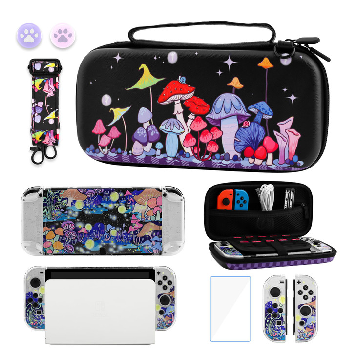 GLDRAM Colorful Mushroom Carrying Case for Nintendo Switch OLED Durable Travel Storage Bag with Glittery Switch OLED Protective Cover & HD Screen Pro