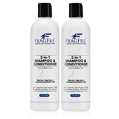 FRAGFRE 2 in 1 Shampoo and Conditioner 12 oz (2-Pack Gift Set) - Fragrance Free Conditioning Shampoo for Short to Medium Hairs - Color Safe - Sulfate