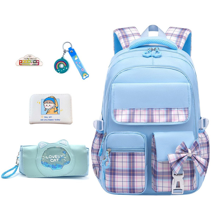 5Pcs Blue Backpack for School Girls - Kawaii Elementary School Bookbag for Kids Cute Plaid Girls Daypacks for Students Teen Kids Casual Travel Bag (B