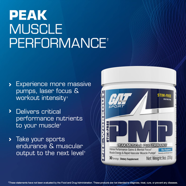 GAT SPORT PMP (Peak Muscle Performance), Pre-Workout, 30 Servings (Blue Raspberry (Stim-Free))