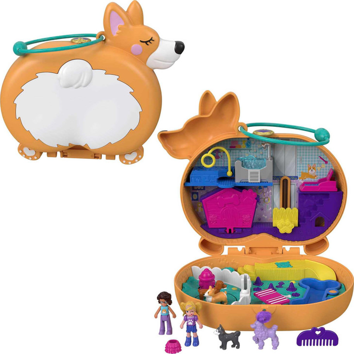 Polly Pocket Corgi Cuddles Compact with Pet Hotel Theme, Micro Polly & Shani Dolls, 2 Dog Figures (Poodle with Hair & Husky) Fun Features & Surprise