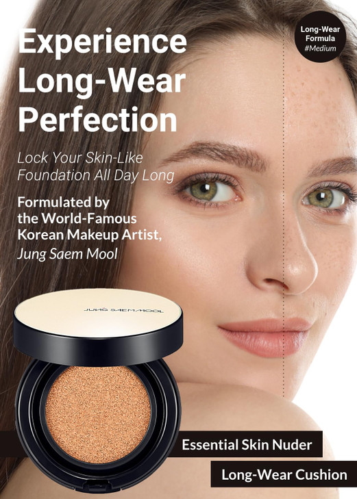 JUNG SAEM MOOL Essential Skin Nuder Longwear Cushion 0.98 Fl Oz, Refill Included, 24H Lasting Cushion Foundation with High Coverage, Semi-Matte Natur