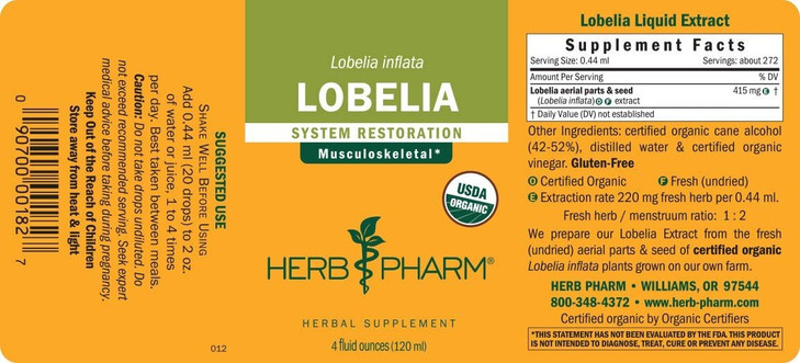 Herb Pharm Certified Organic Lobelia Liquid Extract for Musculoskeletal System Support - 4 Ounce