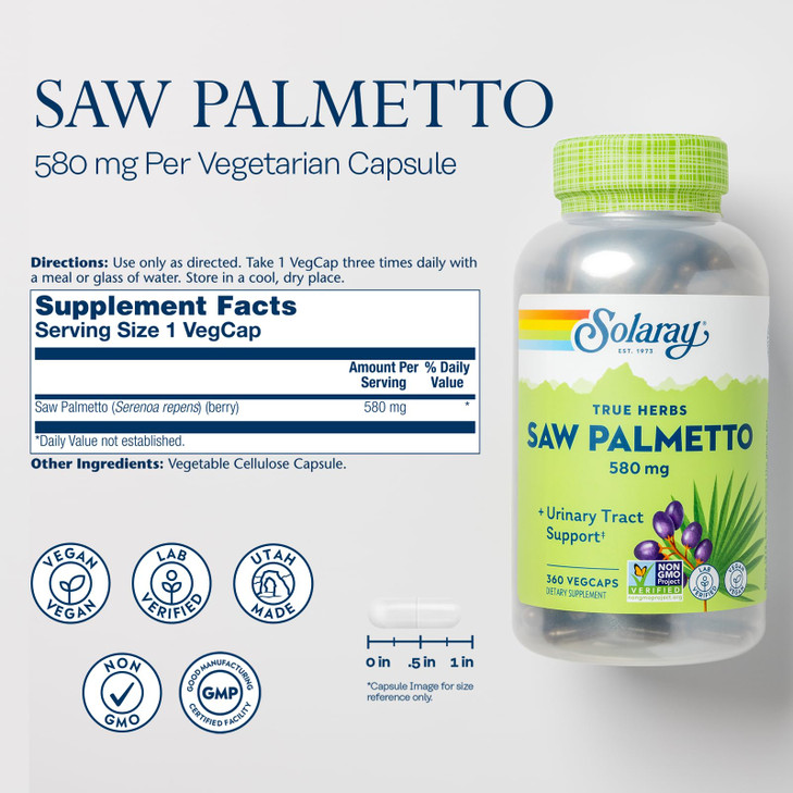 SOLARAY Saw Palmetto Berries 580 mg - Prostate Supplements for Men - Prostate Health, Urinary Tract Support, Hair Health, w/Fatty Acids and Plant Ste