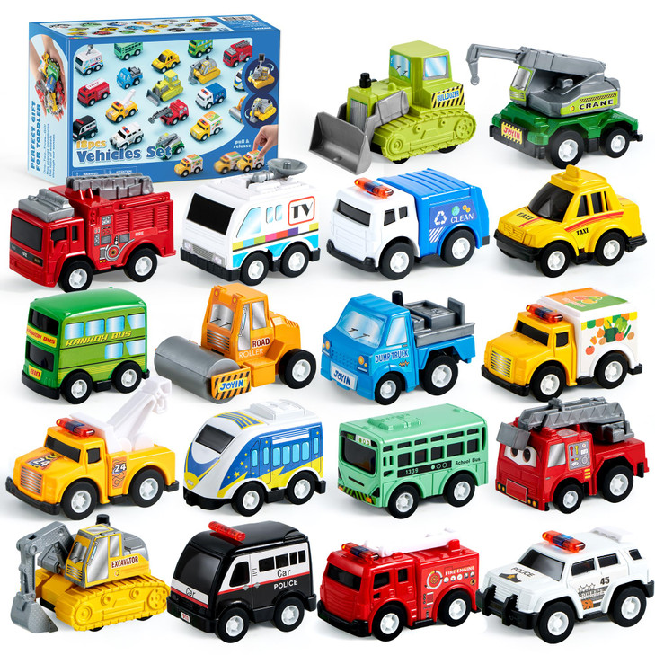 JOYIN 18 Pcs Pull Back City Cars and Trucks Toy Vehicles Set, Friction Powered Cars Toys for Toddlers, Kids Stocking Stuffers, Treasure Box Gifts for