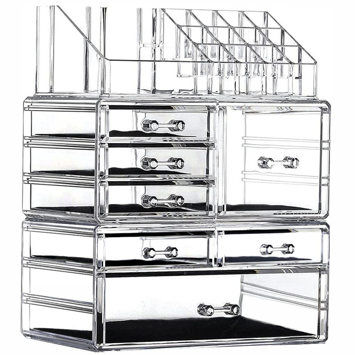 Clear Acrylic Makeup Organizer for Vanity,Countertop,Stackable 7 Drawers Bathroom Skincare Organizer with Brush Holder,Large Skin Care Organizer for