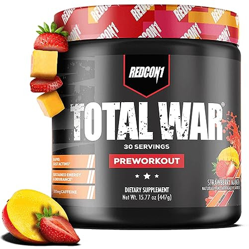 REDCON1 Total War Pre Workout, Strawberry Mango - L Citrulline, Malic Acid, Green Tea Leaf Extract for Pump Boosting Pre Workout for Women & Men - 3.