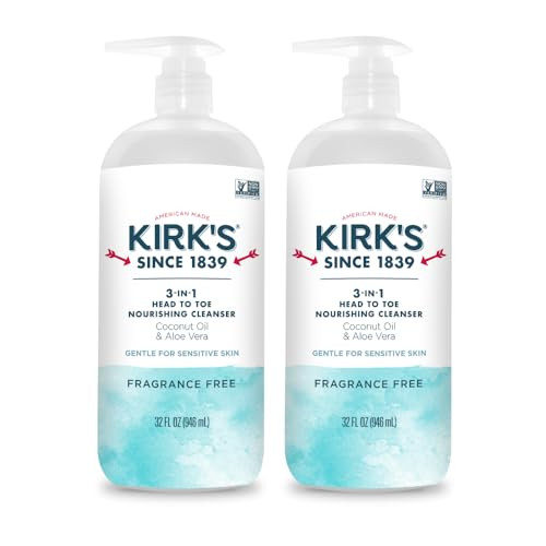 Kirk's 3-in-1 Head to Toe Nourishing Liquid Cleanser- for Men, Women & Children - Premium Coconut Oil & Aloe Vera- Non GMO & Vegan -Fragrance Free -