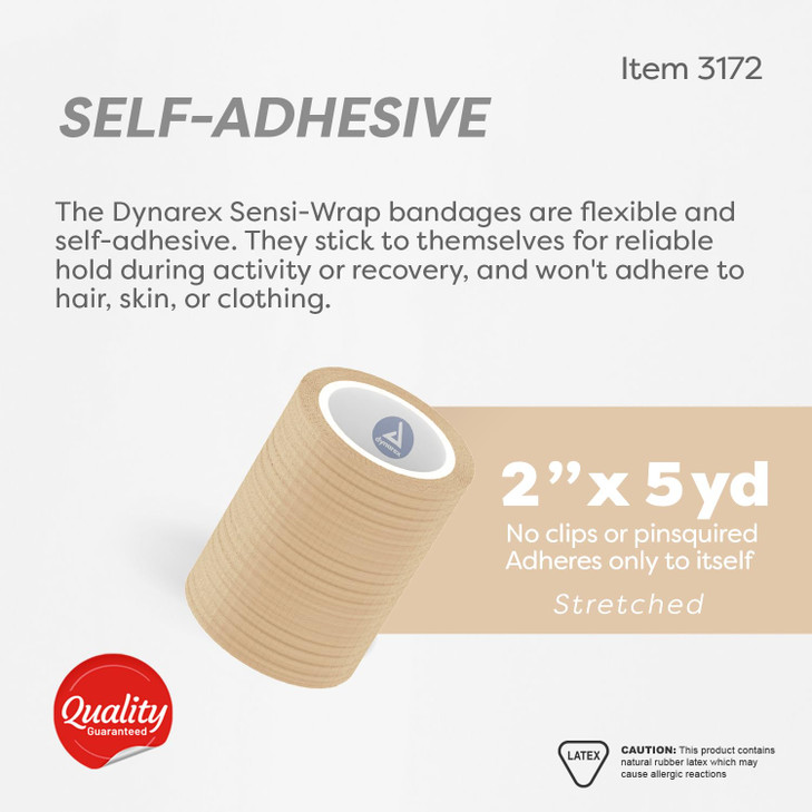 Dynarex Sensi-Wrap Self-Adhesive Bandages, 36-Pack, 2" x 5 Yards, Tan, Latex, Colored Elastic Cohesive Athletic Tape, Tattoo Grip & Vet Wrap