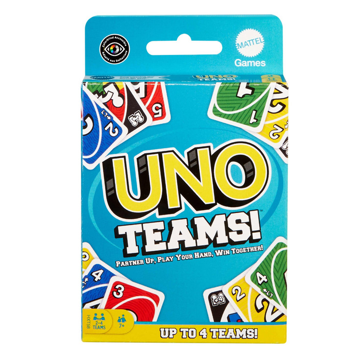Mattel Games UNO Teams Card Game for Family Nights, Game Nights, Travel, Camping & Parties for Players 7 and Up in Up to Four Teams, with Cards Any C