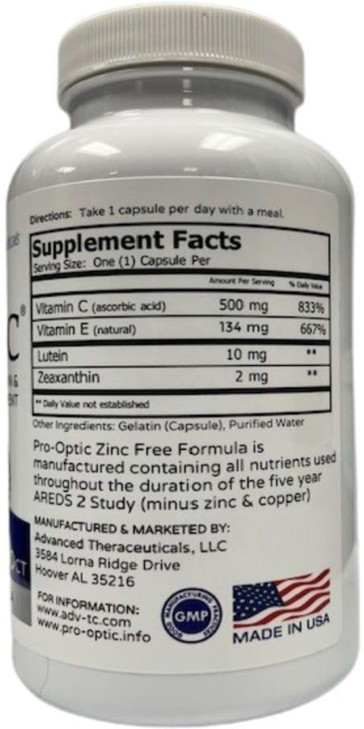 PRO-Optic Traditional (ZINC Free) AREDS 2 Formula - One Capsule Per Day / 90 Capsules / 3 Month Supply
