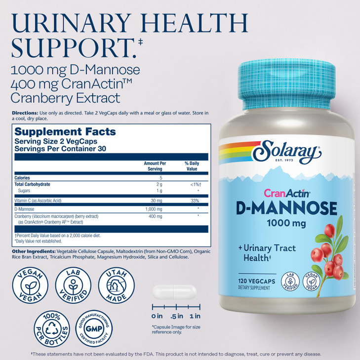 SOLARAY D-Mannose 1000mg with CranActin Cranberry Supplement 400mg, Urinary Tract Health & Bladder Support Capsules with Vitamin C, Vegan, 60 Day Gua