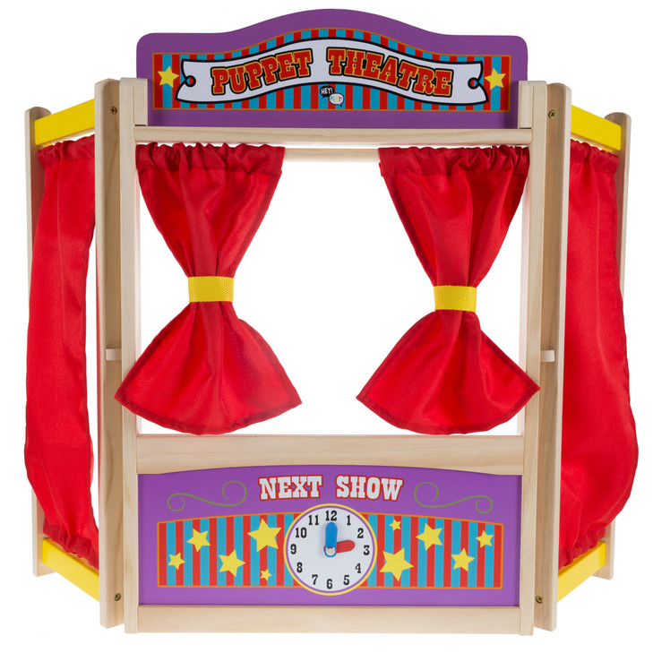 HEY! PLAY! Puppet Theater for Kids - Wooden Tabletop Toy with Curtains, Blackboard, and Clock to Inspire Imagination and Creativity in Boys and Girls