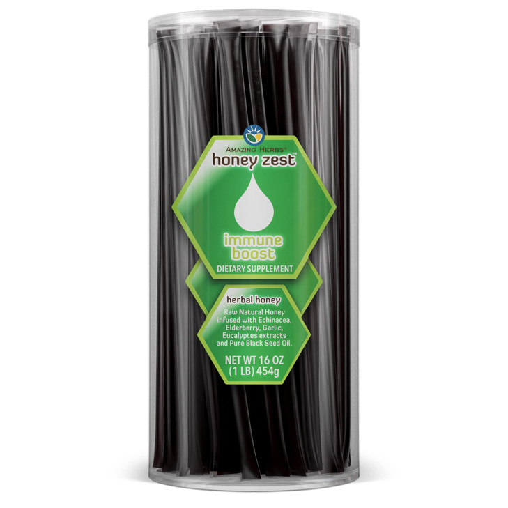 Amazing Herbs Raw Natural Honey - Herbal Honey Infused with Echinacea, Elderberry, Garlic, Eucalyptus Extracts & Pure Black Seed Oil, Non GMO, Gluten